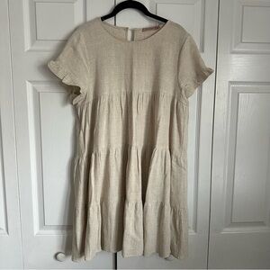 Skylar Rose Beige Short Sleeve Tiered Linen Blend Dress Womens S Boho Babydoll